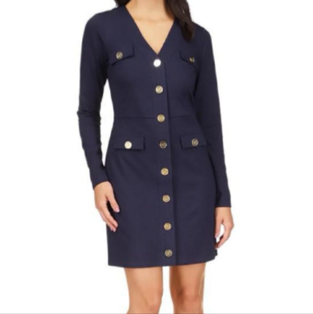 Michael Kors Button Front Ponte Dress Navy Blue Career Office